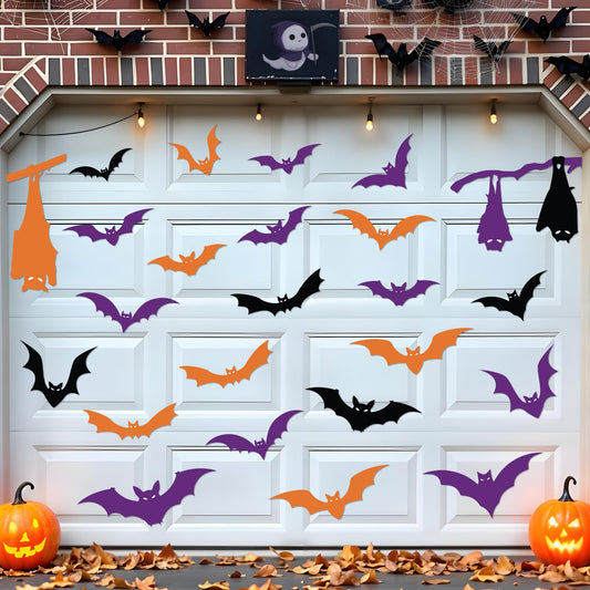 Halloween Garage Door Magnets Decorations Black Purple and Orange Bats Magnetic Stickers Decorations Scary Gothic Halloween Garage Door Magnets for Outdoor Metal Door Refrigerator Car Party Decor