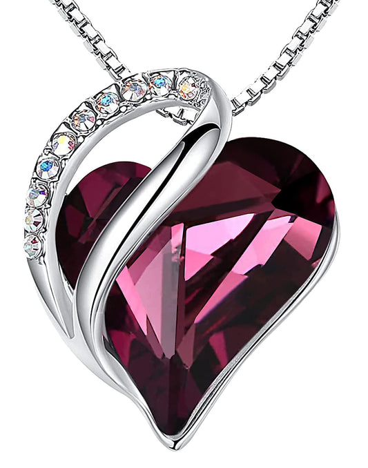 Leafael Gift Necklaces for Women, Infinity Love Birthstone Heart Pendant, Amethyst Pink Crystal for February, Birthday Jewelry for Her, Mom, and Wife, Silver Plated, 18" plus 2" Chain