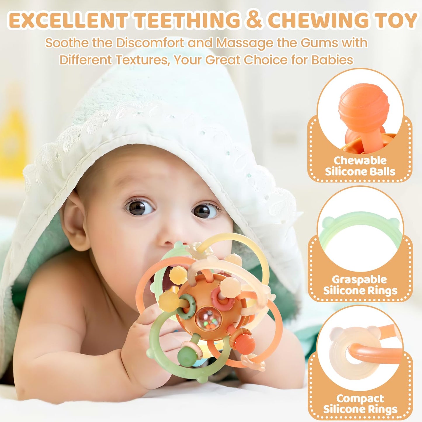 Baby Sensory Teething Toys, Baby Montessori Teether Toys for 0 3 6 9 12 18 Months, Silicone Tummy Time Toy with Rattle Ball for Newborn Infant, Learning Delopmental Gift for Boys Girls, Brown
