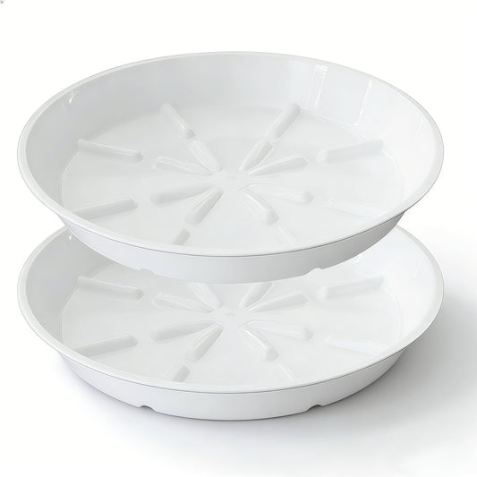 Grjoprt 2 Pack of Plant Saucers 10 Inch, Thick Durable Plastic Plant Drip Trays for Indoors Outdoors, Flower Pot Saucers Water Catcher Tray for Planters, No Holes Drainage Trays (White)