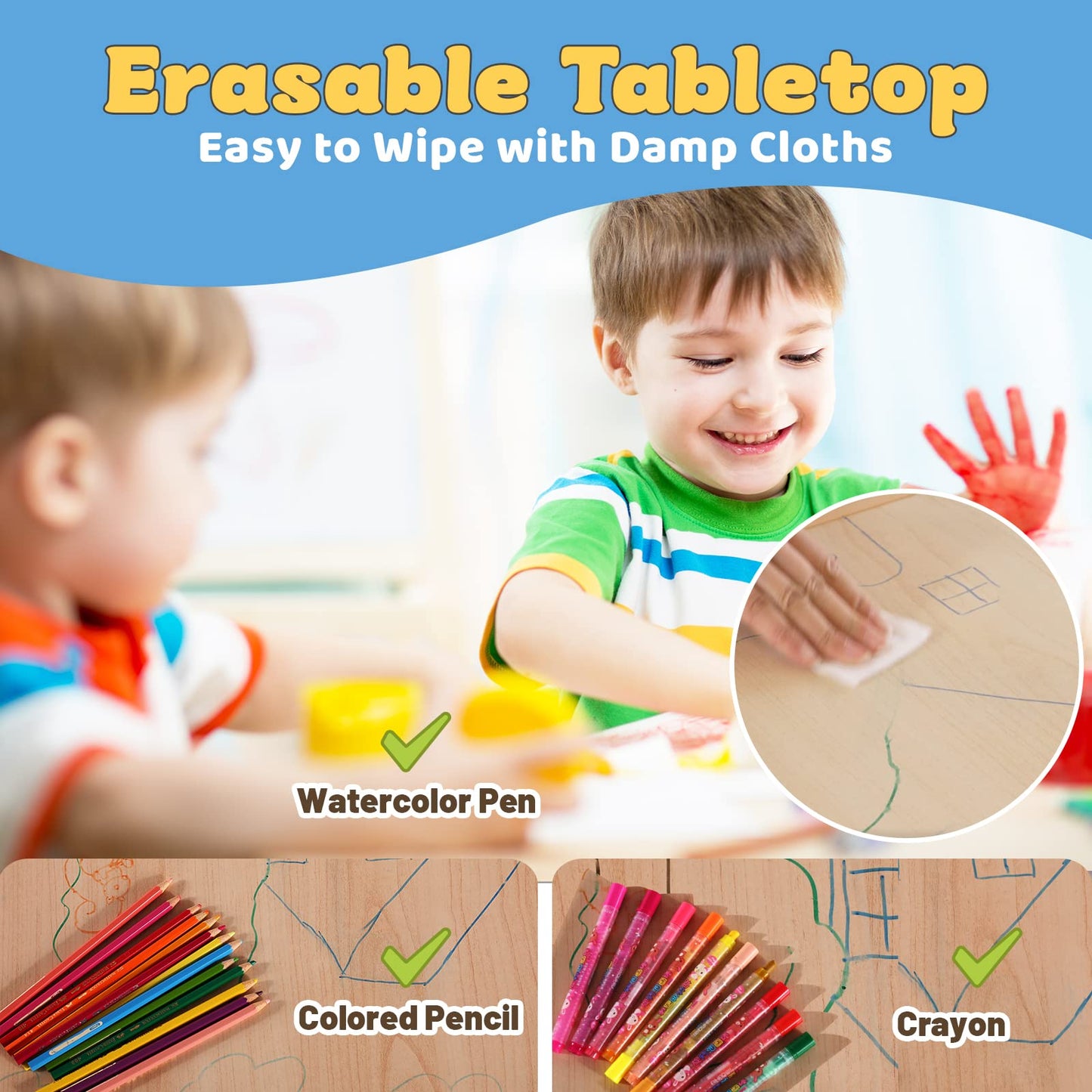 FUNLIO Kids Table and 2 Chairs Set, Height Adjustable Toddler Table and Chair Set for Ages 3-8, Easy to Wipe Arts & Crafts Table, for Classrooms/Daycares/Homes, CPC & CE Approved (3pcs Set) - Blue