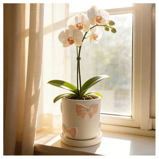 Giafiny Cute Pink Orchid Pot, Bow Decorative Succulent Planter for Indoor/Outdoor Plants, Hand Painted Pink Bow Cement Flower Pots with Tray/Drainage Hole for Home Room Decor