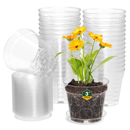 WSMKSZ 3 Inch Clear Nursery Pots, 30 Pack Highly Transparent Plastic Seedling Starter Planters with Drainage Holes and Trays for Flowers, Small Plant Pots for Indoor Plants