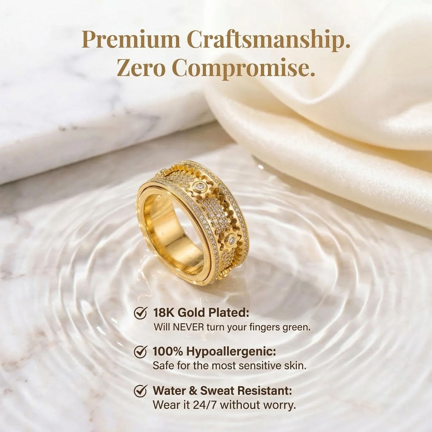 Xarewx Mindfulness Rings for Women, Fidget Ring, Adjustable Anti-Anxiety Fidget Rings, Menopause and Stress Ring, Calm & Everyday Wear (Gold, 8)