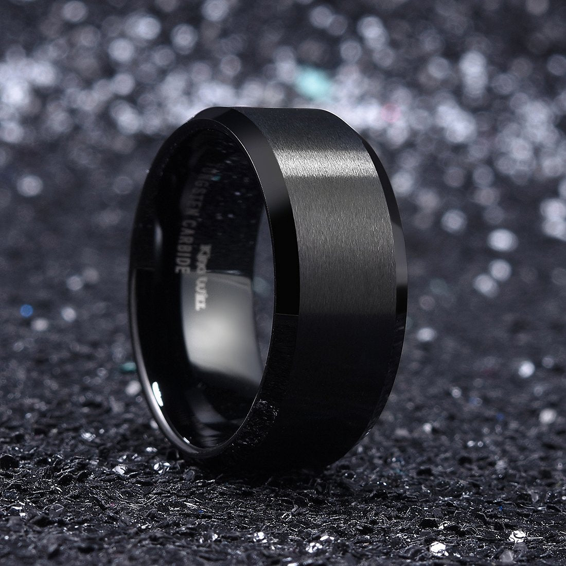 King Will 10mm Men's Black Wedding Ring - Brushed Matte Surface, Beveled Polished Edge, Comfort Fit Size 11