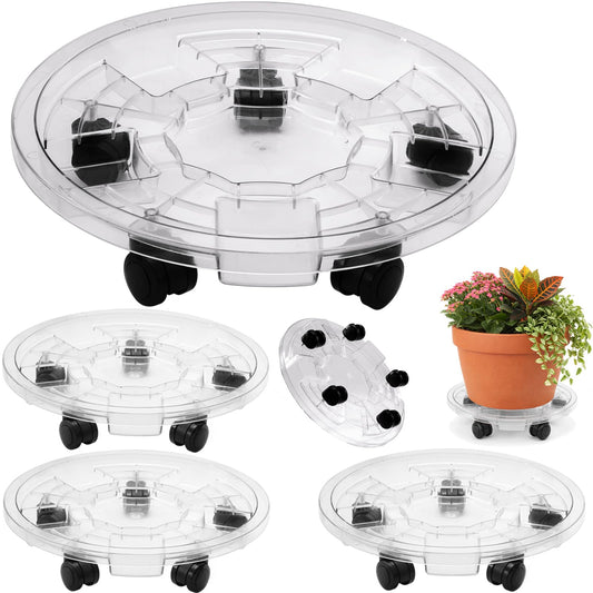 KvyusFlourish 4 Packs 18 inches Extra-large Clear Plant Caddy Plant Saucers on Wheels Rolling Plant Stands Heavy-duty Plant Dolly Plastic Planter Roller Base Pot Movers Outdoor Plant Tray Coaster