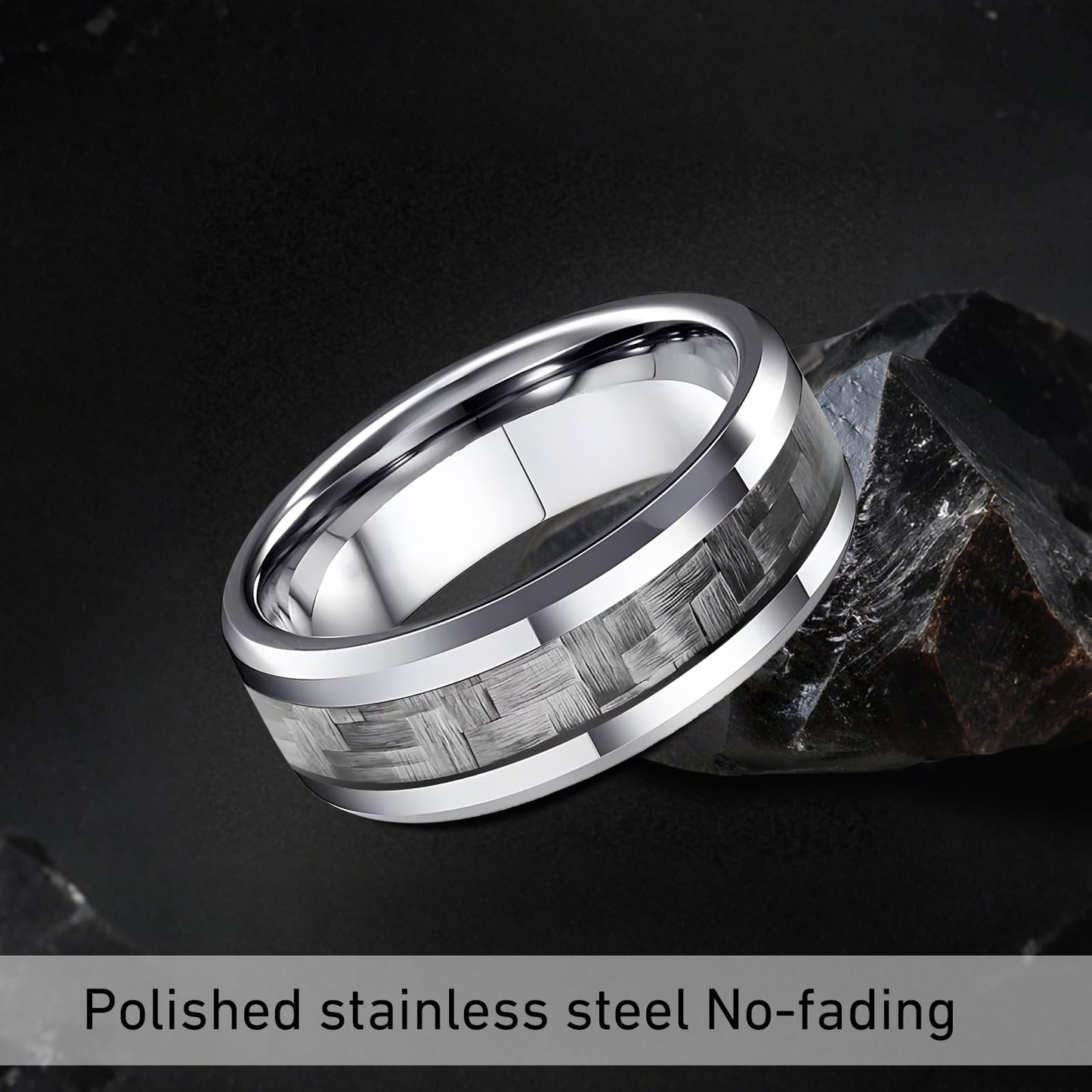 HJIMMNHONG New Carbon Fiber Fashion Rings Double Beveled Edge Delicate Polished Simple Stainless Steel Mens and Women Rings,8mm,Grey,Size10
