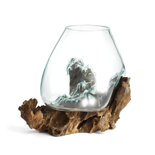 Cohasset Molten Glass | #650-24 | Molten Glass & Wood Luminary Sculpture | Terrarium | Fairy Garden | Approximately 9.5" Wide | Natural Wood and Recycled Glass |