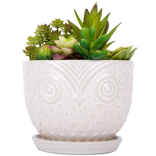 VanEnjoy 6.5 Inch White Owl Ceramic Planters Plant Pot for Medium Plant, Succulent, with Saucer