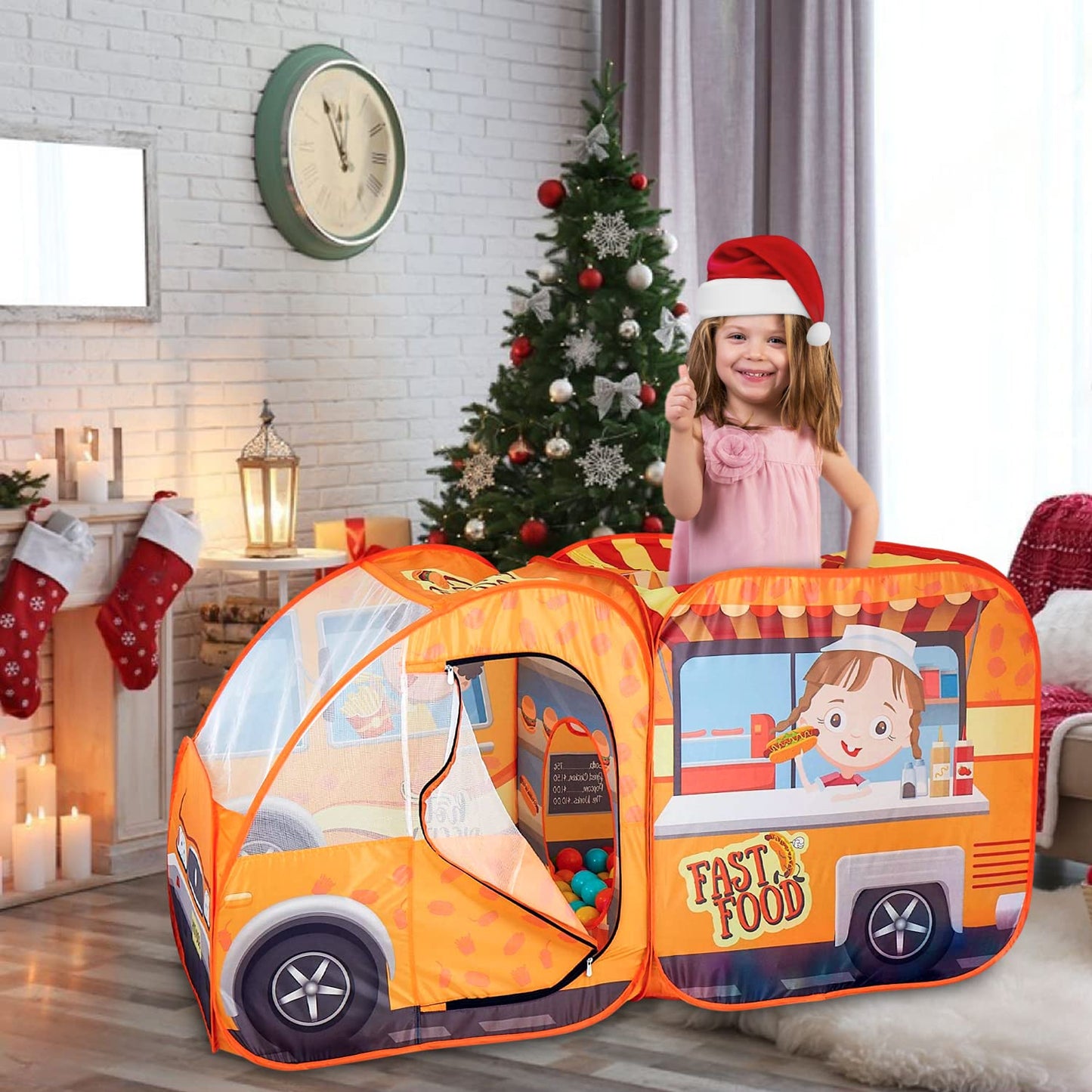 Kiddzery Food Truck Play Tent - 54 Pc. Food Set Pop Up Playhouse - Pretend Play Toys for Toddlers - Ball Pit Playset - Indoor & Outdoor Toy Tents for Kids - Trucks for Boys & Girls