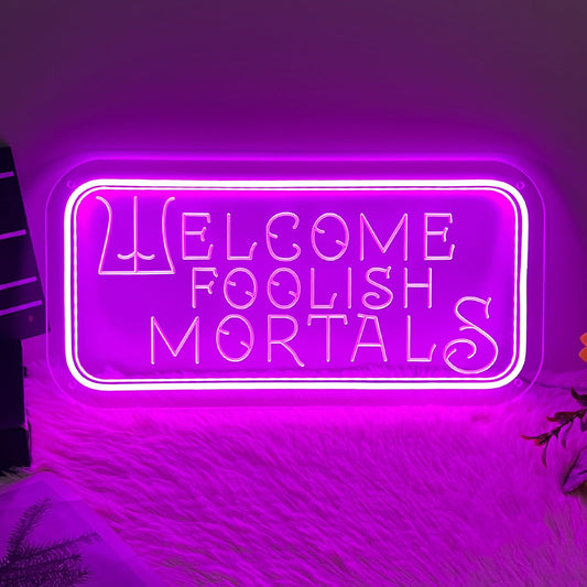 Welcome Foolish Mortals Neon Sign,Dimmable Spooky Gothic Haunted Mansion Decor Coffin LED Neon Signs for Wall Decor,USB Powered Led Neon Light for Party Haunted House Man Cave Birthday Christmas Gifts