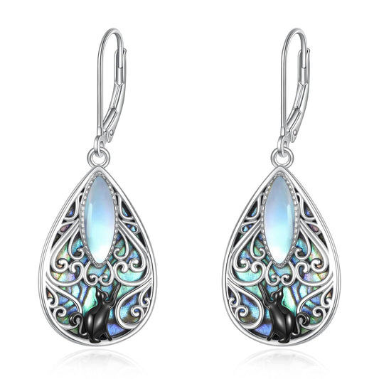 Cat Filigree Earrings Sterling Silver Teardrop Abalone Shell Drop Dangle Earrings Filigree Leverback Earrings Jewelry
