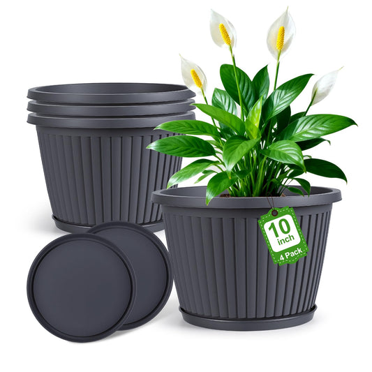 10-inch-Planters-for-Outdoor-Plant，Plastic Indoor Flower Pots with Drainage Holes & Saucer, 4 Packs Decorative Garden Pots for Plant for Home Porch Decor