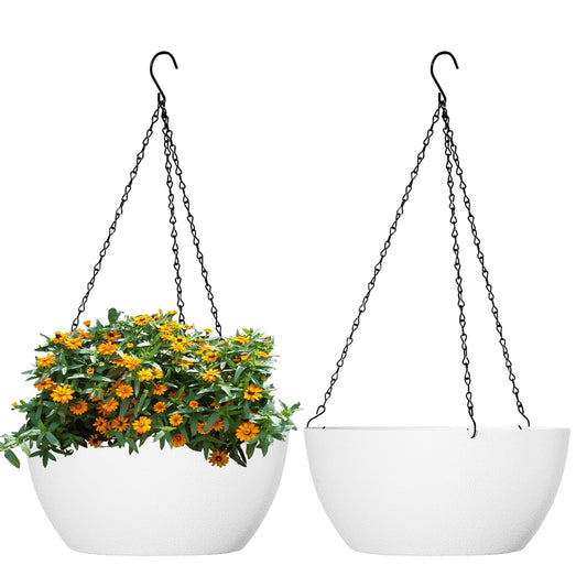 WSMKSZ 10 inch Hanging Planters for Outdoor Indoor Plants with Drainage Holes and Chain, 2 Pack Round Hanging Flower Plant Pots for Garden Home Porch Decor, White