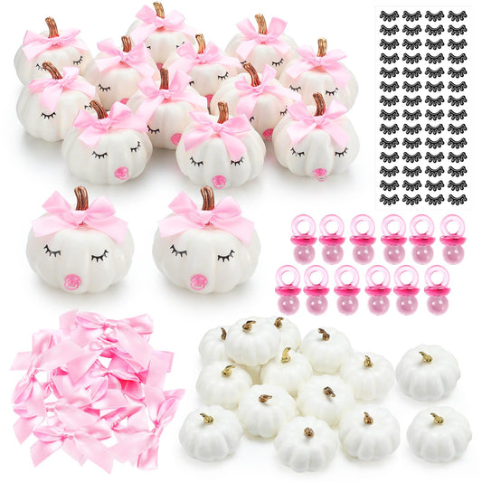 Nuanchu 12 Sets DIY Pumpkin Painting Kit for Party 12 Foam Craft Pumpkins, 12 Pink Bows 12 Pink Sucking Ring 28 Pairs of Eyelash Sticker for Birthday Table Decor Adult
