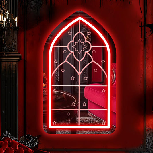 Gothic Arch Window Neon Sign, Medieval Cathedral Mirror, Goth Lover Gift, Halloween Decor, Vintage Style Illuminated Mirror,Gothic Home Decoration 16.9"×9.6"