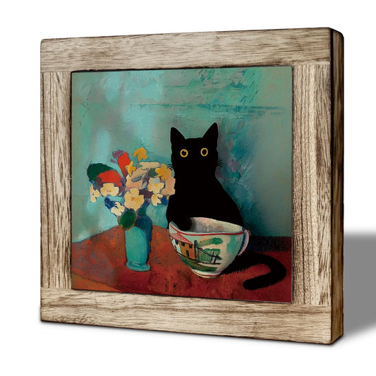 Cute Black Cat Tabletop Sign Wooden Box Decor, Funny Animal Oil Painting Style Desk Accent, Whimsical Pet Shelf Decor, Gift for Cat Lovers or Animal Enthusiasts