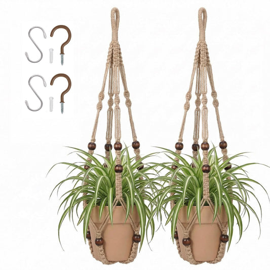 mivofo Macrame Plant Hanger 23", Set of 2 No Tassel Hanging Plant Holder Indoor, Sturdy Flower Pot Holder with Hooks - Brown (Pot NOT Included)