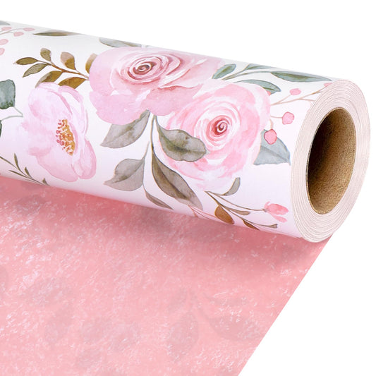 BIOBROWN Reversible Floral Wrapping Paper Roll - 17 Inches X 33 Feet (47 sq. ft. ttl.) Pink Watercolor Roses Design Flower Gift Wrap for Mother's Day, Wedding, Bridal Shower, Valentine's Day
