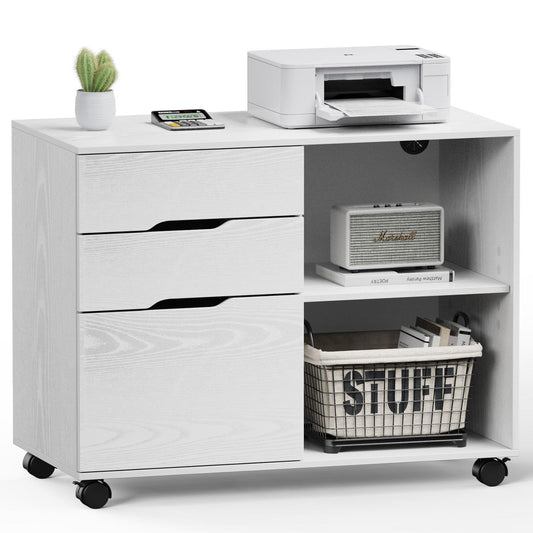 DUMOS Lateral File Cabinet with 3 Drawers Rolling Filing Cabinets Under Desk Storage Printer Stand Wood Organizer with Wheels Adjustable Shelf for Office Home Small Space, White