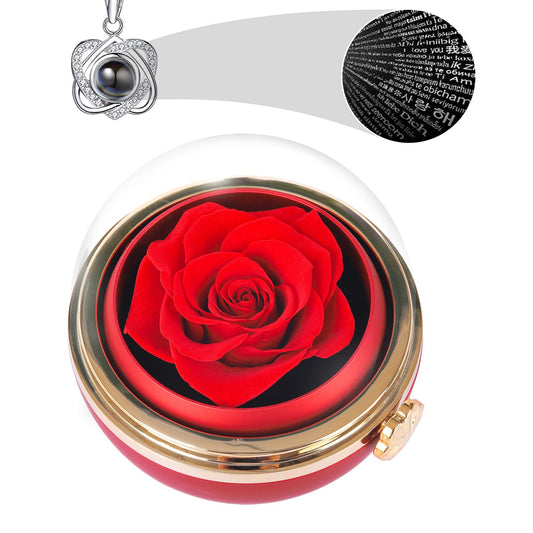 Rotating Preserved Real Rose Gift Box with I Love You Necklace – Spherical Eternal Flower Gifts for Mom, Wife, Grandma, Girlfriend – Forever Love Women Gifts for Christmas, Valentine’s Day (Red)
