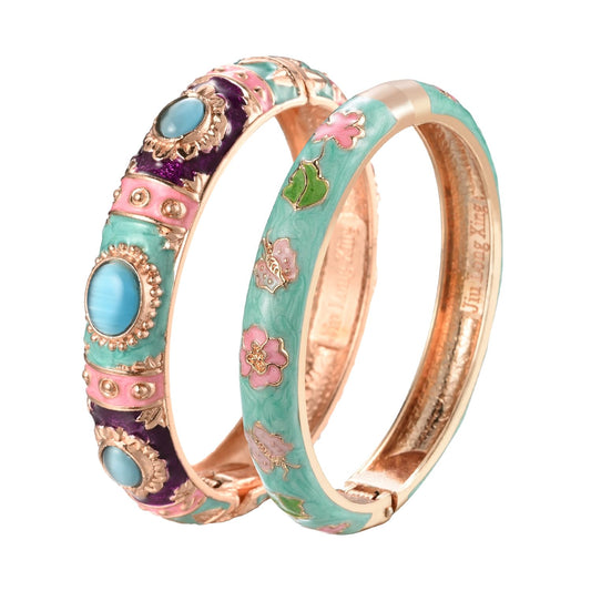 UJOY Vintage Cloisonne Jewelry Bracelet Plated Handmade Bead Rhinestones Enamel Spring Cuff Bangles 2 Pcs Set for Womens Gift 7735-55A67 Pink