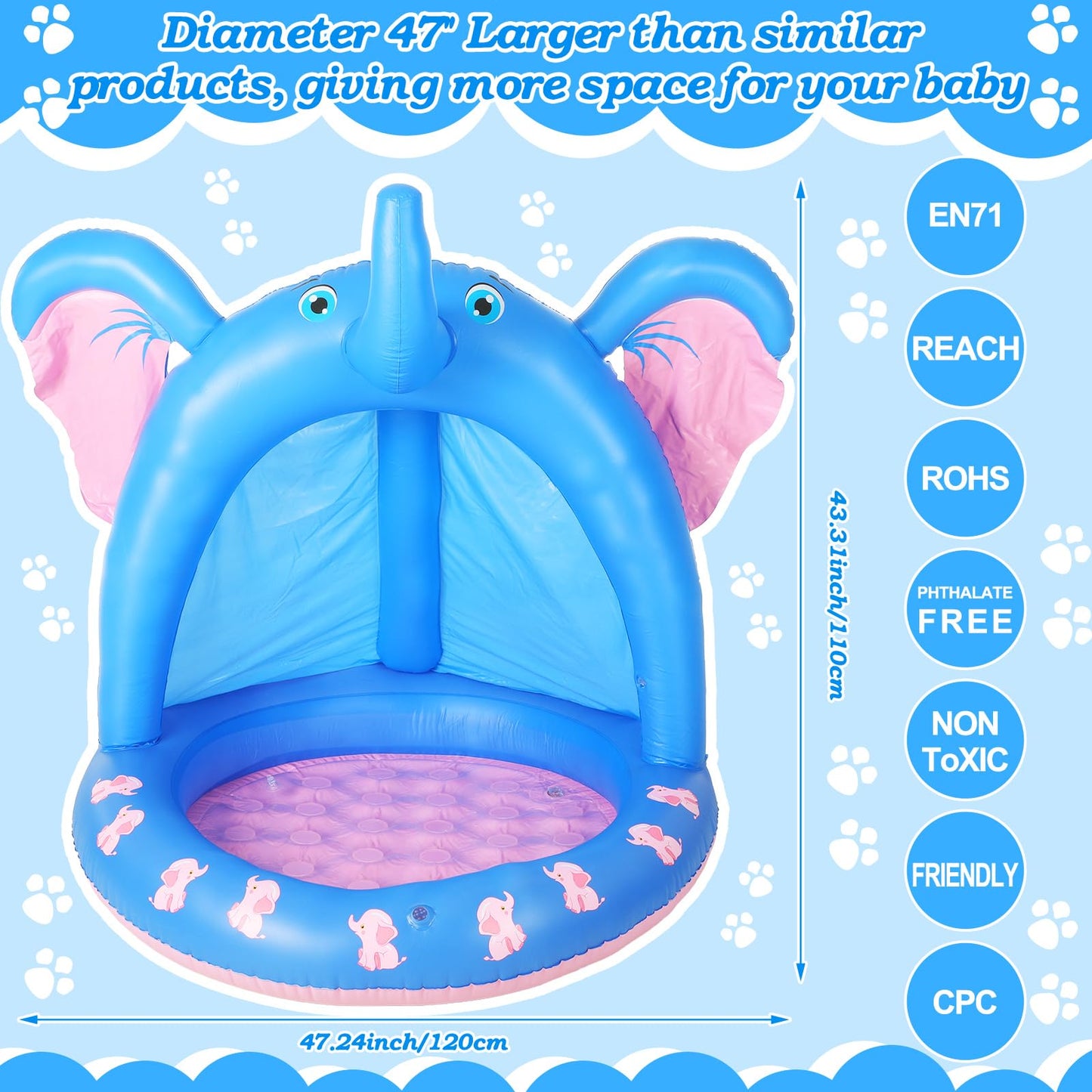 Relaxgiant 47 Inches Baby Pool with Canopy Elephant Inflatable Baby Swimming Pool with Soft Floor Bottom and Built in Sunshade Water Sprinkler for Kids Outdoor Indoor Game Play Center