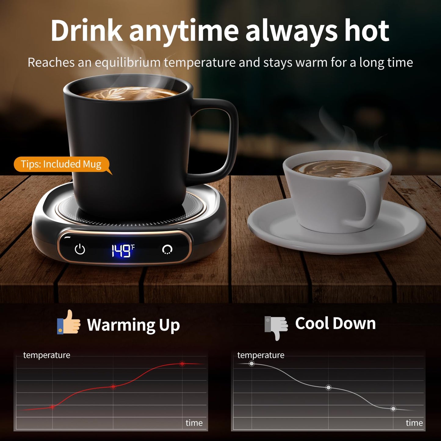 Lerat Coffee Mug Warmer & Mug Set for Desk, Electric Coffee Cup Warmer with Auto Shut Off, 3 Temperature Setting Smart Cup Warmer for Heating Coffee, Milk, Beverage, Candle Jar (Black), 12oz