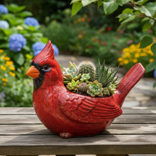 Cardinal Bird Succulent Planter, Red Resin Decorative Flower Pot with Drainage Hole, Decorative Cardinal Bird Planter for Indoor Outdoor Plants, Cute Animal Plant Pot for Garden Desk Decor