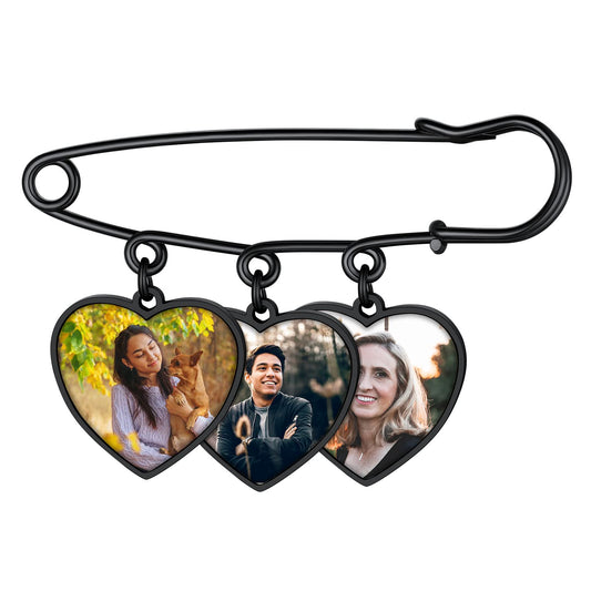 Custom4U Photo Charm for Bouquet Heart Shaped Brooch Pins with 3 Pictures Customized Memorial Wedding Jewelry