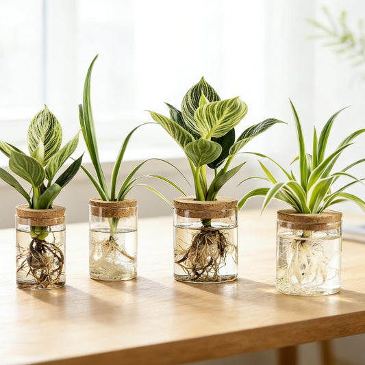 QeemTaco 4Pcs Glass Plant Propagation Vase with Wooden Stopper, Hydroponic Terrarium Cylinder Bottle for Plant Cuttings, Modern Desktop Plant Holder for Home Office Decor