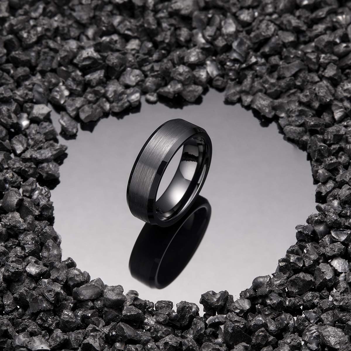 King Will 7mm Men's Black Wedding Ring - Brushed Matte Surface, Beveled Polished Edge, Comfort Fit Size 7