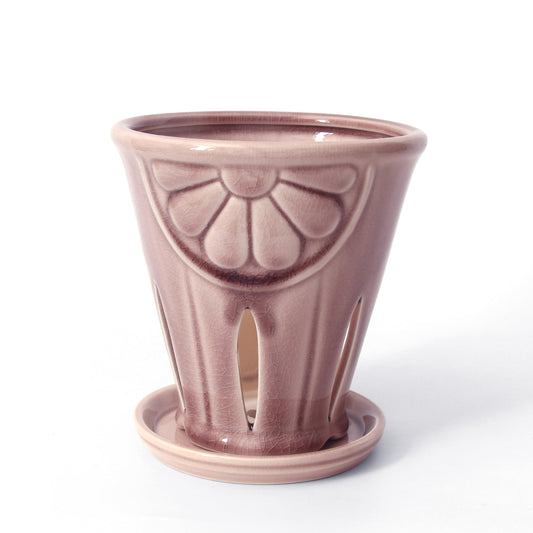 Gniliny Ceramic Orchid Pot with Slotted Holes, 5.39 Inch Crackle Glaze Lotus Pink Planter with Daisy Relief & Tray, Breathable Vertical Slotted Orchid Container for Repotting
