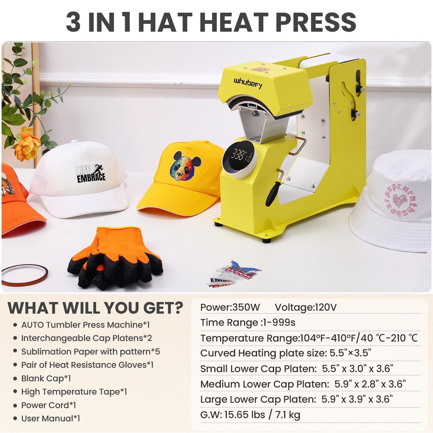 Whubefy Auto Hat Heat Press Machine, 3-in-1 Hat Press Heat Machine for Caps with 3 Platens, Blank Cap, Gloves, Automatic Open/Release, Heat Transfer Cap Heat Press HTV Iron On for Vinyl, Sublimation