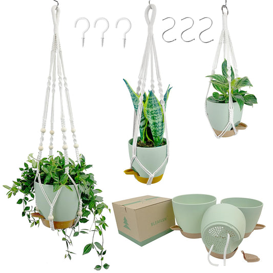 BLEAFLUV Hanging Planters with Macrame Plant Hangers for Indoor Outdoor Plants, 3 Set Hanging Baskets Flower Pots Holders 35''/27''/21'', Self-Watering Pots 7''/6''/5.5'', Boho Home Decor, Green