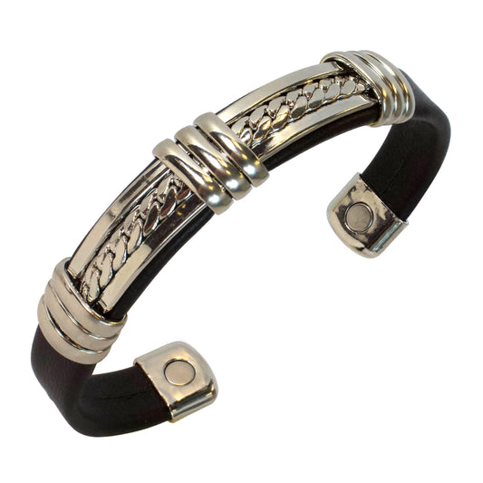 Chain Pattern Silver Leatherette Copper Magnetic Healing Bracelet - Motorcycle Bracelet for Men and Women - Adjustable Sizing