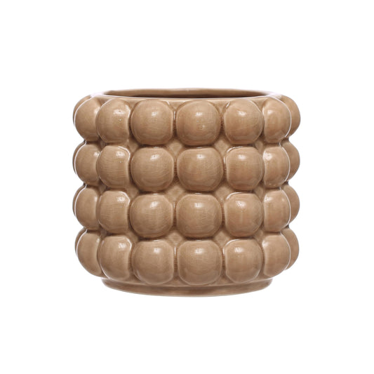 6 Inches Round Stoneware Planter with Raised Dots, Holds 4 Inches Pot, Tan