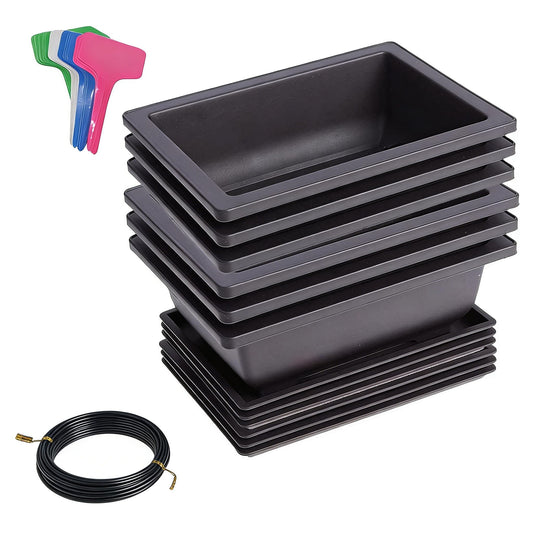 6 Packs Bonsai Training Pots with Trays 6.3 Inch Nursery Pots with Drainage Plastic Bonsai, Come with 12pcs Plant Labels, Rectangle Bonsai Flower Growing for Home Garden, Yard, Balcony, Office (s)