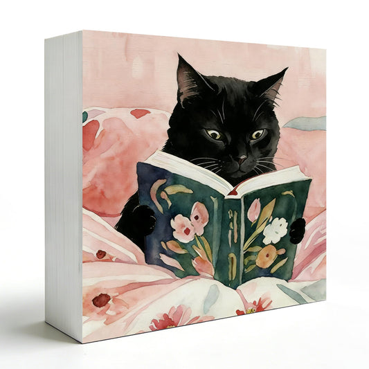 NHGMHBD Funny Black Cat Reading Book Wooden Box Sign 5x5 Inch, Reading Room Nook Corner Decor, Pink Bookish Kitten Decorative Wood Signs for Library Book Room Nook Home Desk Tabletop Shelf Decorations