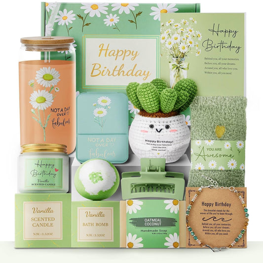 Uongeod Birthday Gifts for Women,Happy Birthday Gifts for Women 11PCS Birthday Basket for Women Green Best Friend Birthday Gifts Baskets for Women Mon Wife Daughter Aunt Sister Coworkers