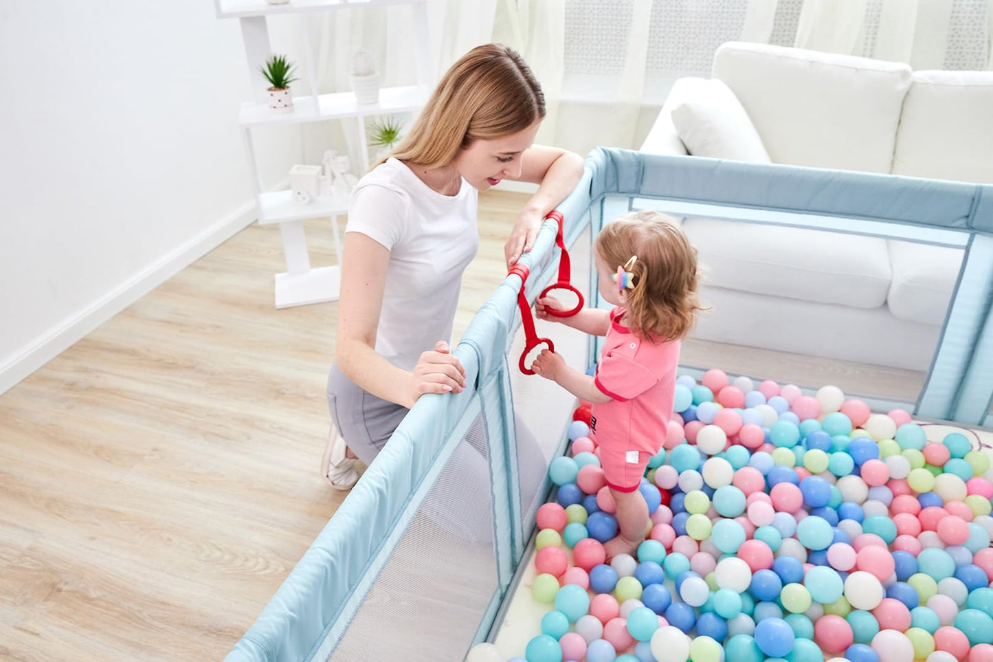 PandaEar 8 PCS Baby Pull Up Rings, Toddler Walking Exercise Stand Up for Playpen & Crib, Infant Cot Hanging Rings for Kids