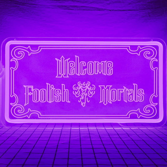 Welcome Foolish Mortals Neon Sign for Wall Decor Welcome Foolish Mortals LED Neon Signs Welcome Foolish Mortals Neon Light Dimmable for Bedroom Living Room Man Cave Bar Club Windows Halloween Party Decoration