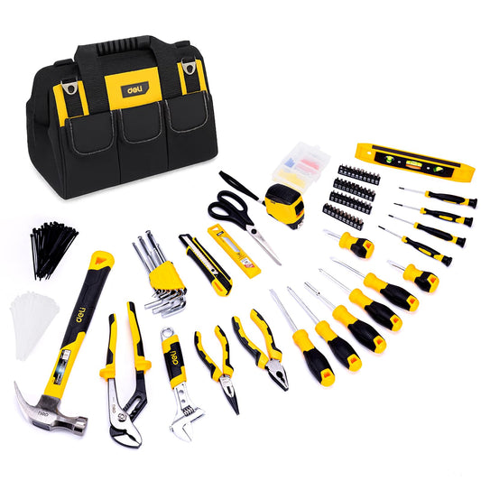 DELI 355-Piece Home Tool Set, Household Repairing Tool Kit with 14-Inch Wide Mouth Open Storage Tool Bag, Yellow