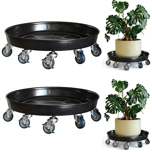 SKAFORZ Rolling Planter Caddy(430lbs Capacity), Heavy Duty Metal Plant Stand with Brake Wheels Plant Dolly Mover Plant Pot Tray Saucer for Indoor Outdoor 16 Inches Black 2Pack