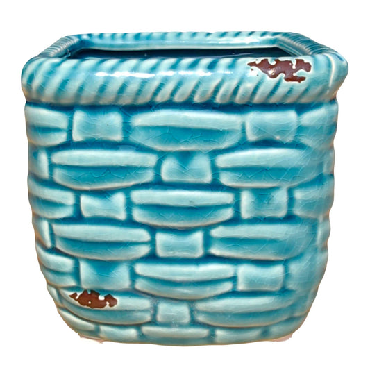 FMTITF Small Ceramic Succulent Planter with Bamboo Texture, Vintage Blue Clay Plant Pot Pottery Planter Plant Container with Drainage Hole & Plug, Rustic Indoor Outdoor Home Office Garden Décor