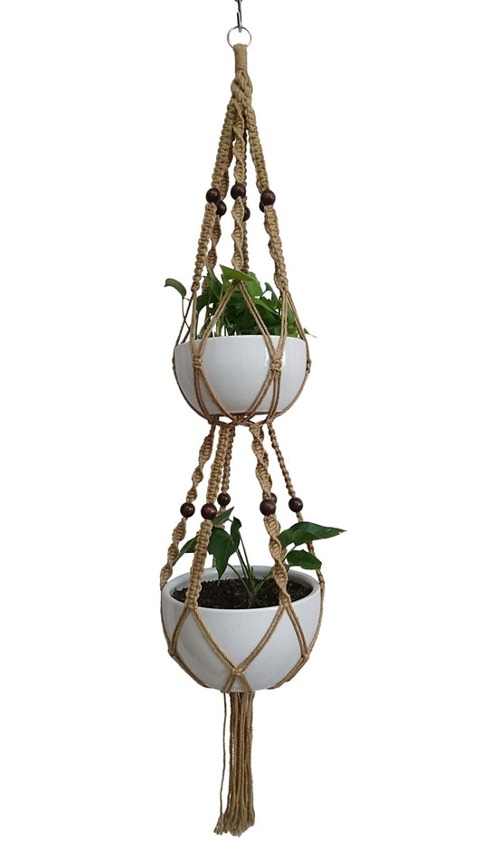 6 Legs Macrame Plant Hanger Natural Hemp Rope Plant Hangers with 12 pcs Round Wood Bead, 65-inches Length for 10" Pot (Without White Pot and Plant) (Brown)