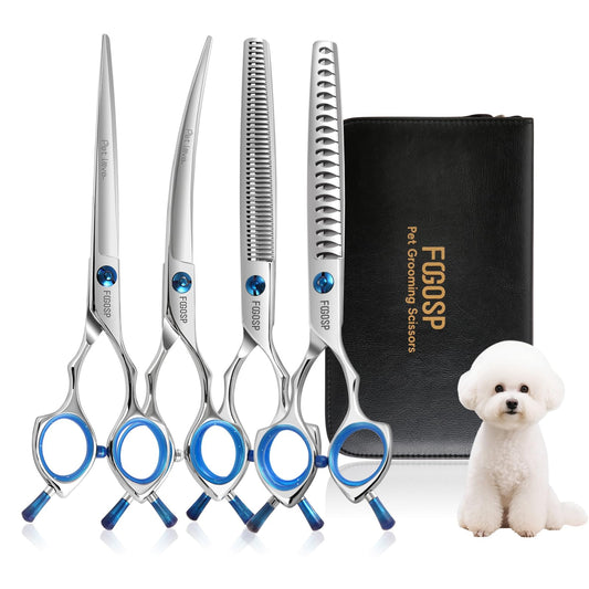 FOGOSP Dog Grooming Scissors Kit 7 in Professional Curved Thinning Straight Chunkers Shears 4Pcs Kit for Grooming Dogs Cat Pet Japanese 440C Stainless Steel(7.0'',Kit)