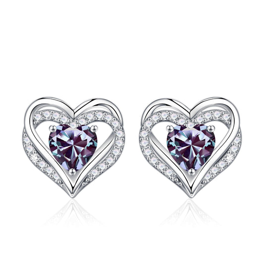 Iefil Heart Earrings for Women, 925 Sterling Silver June Birthstone Alexandrite Heart Stud Earrings for Women