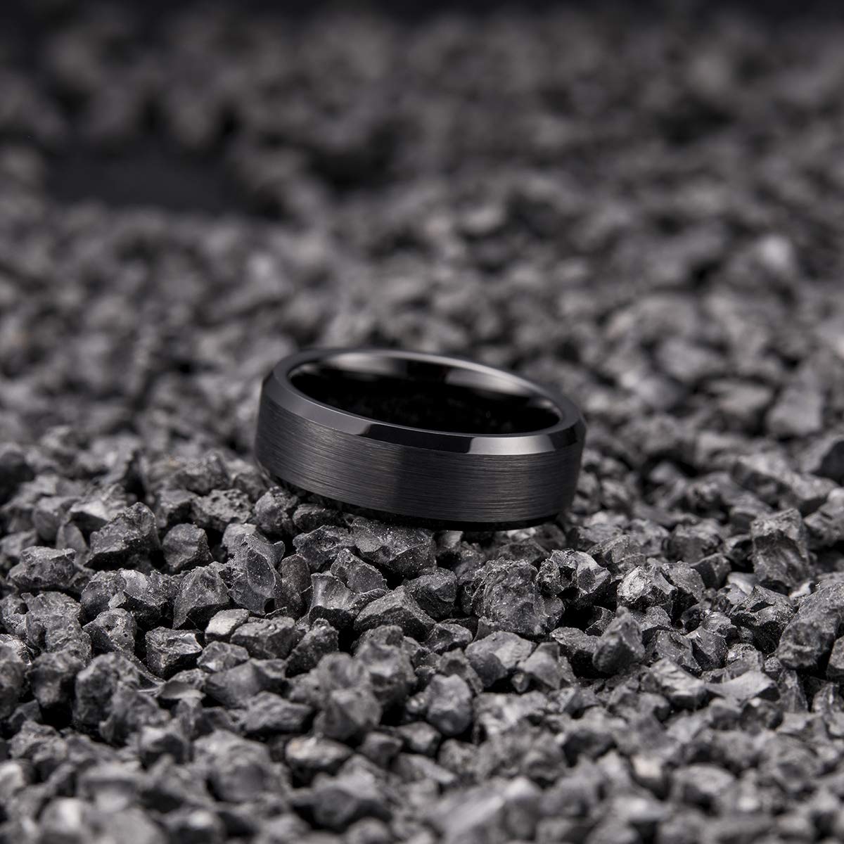 King Will 7mm Men's Black Wedding Ring - Brushed Matte Surface, Beveled Polished Edge, Comfort Fit Size 12