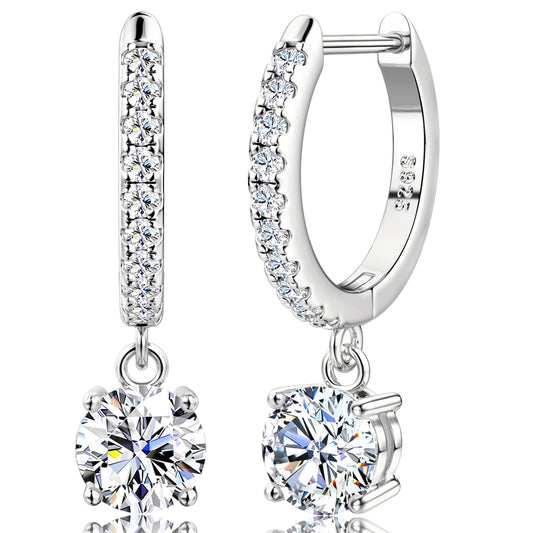 Moissanite Earrings, Sterling Silver Hoop Earring 1.0ct-2.0ct D Color Brilliant Hypoallergenic Earring for Women Men Drop Dangle Moissanite Leverback Mother's Day Gift